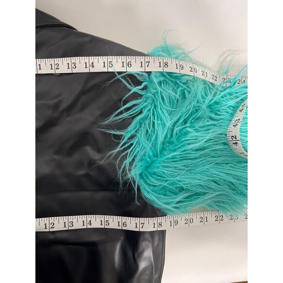 Orttu Freddie Jacket Military Style Faux Fur Black Vegan Faux Leather Aqua Belt - Picture 8 of 14